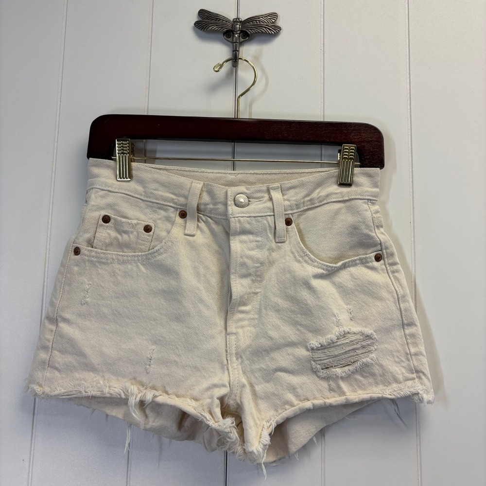 Levi's Cream/Off-White High-Rise Distressed Jean Shorts